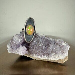 Sterling Silver Ring Oval Ethiopian Opal Gemstone Statement Jewelry Size 8